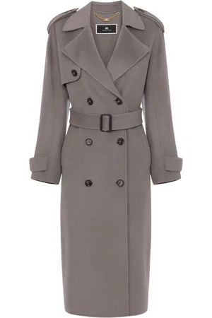 Elisabetta Franchi Mantels, Dames, Grijs, L, Wol, Wollen Trenchcoat