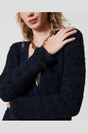 Twin-Set Truien, Dames, Blauw, M, Wol, Jacquard Check Cardi-Coat met Franjes