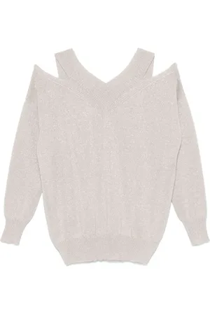 D.EXTERIOR Truien, Dames, Grijs, S, Wol, Ecru Gebreide Trui met Metallic Draad