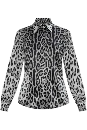 Dolce & Gabbana Blouses & Shirts, Dames, Grijs, S, Leer, Zijden shirt met dierenmotief