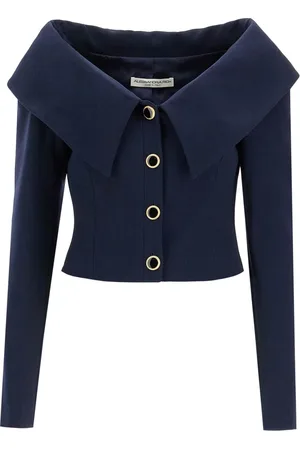 Alessandra Rich Jassen, Dames, Blauw, S, Wol, Off-Shoulder Wollen Blazer