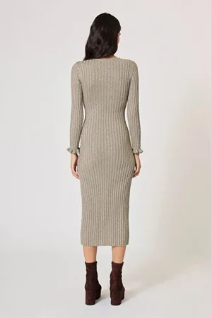 Manoush Kleedjes, Dames, Grijs, M, Polyester, Glitterende Geribbelde Lange Jurk