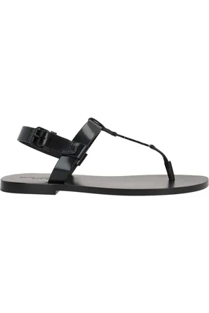 Saint Laurent Schoenen, Heren, Zwart, 46 EU, Leer, Zwarte Leren Platte Sandalen