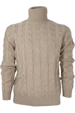 CASHMERE COMPANY Truien, Heren, Bruin, M, Wol, Heren Slim Fit Gevlochten Coltrui Kameel