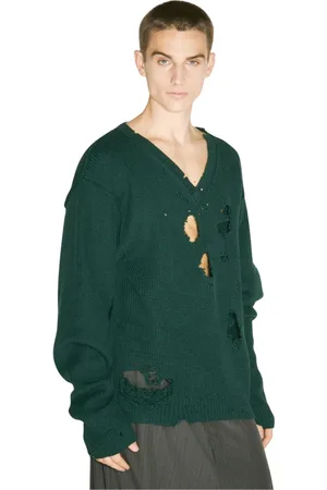 Vetements Truien, Heren, Groen, M, Wol, Vernielde Wollen Gebreide V-hals Trui