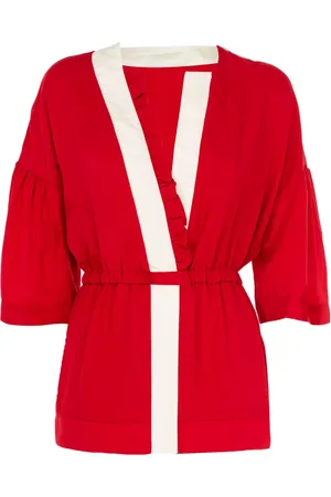 Fracomina Blouses & Shirts, Dames, Rood, S, Lange mouwen V-hals blouse met elastische taille