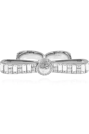 VERSACE Accessoires, Dames, Grijs, S, Twee-vinger ring afgewerkt met glinsterende kristallen