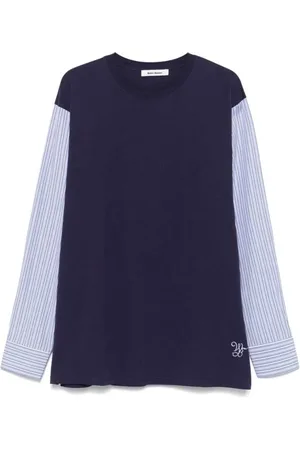 WALES BONNER Tops, Heren, Blauw, L, Katoen, Gestreept katoenen T-shirt met jersey body