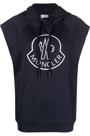 Moncler Sweatshirts & Hoodies, Dames, Blauw, S, Katoen, Mouwloze Logo Hoodie Navy Katoen