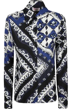 Emilio Pucci Blouses & Shirts, Dames, Veelkleurig, S, Blauwe Zijden Overhemd Elegante Chic Stijl