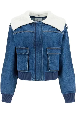 Self-Portrait Jassen, Dames, Blauw, M, Denim, Denim Bomberjack met Geribbelde Kraag
