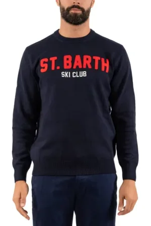 MC2 SAINT BARTH Truien, Heren, Blauw, S, Groene Crewneck Sweater met Borduurwerk