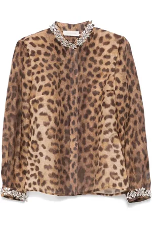 ZIMMERMANN Blouses & Shirts, Dames, Bruin, L, Linnen, Luipaardprint Linnen-Zijden Bodysuit