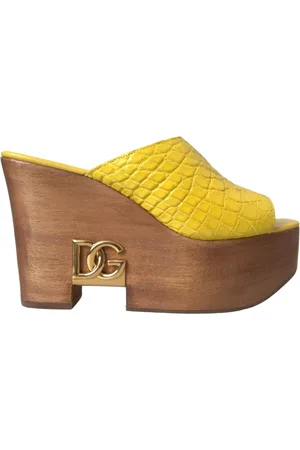 Dolce & Gabbana Schoenen, Dames, Geel, 36 1/2 EU, Leer, Gele Leren Houten Sleehak Slippers