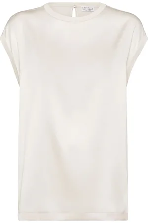 Brunello Cucinelli Blouses & Shirts, Dames, Wit, XS, Satijn, Zijden Stretch Trui met Monile Detail