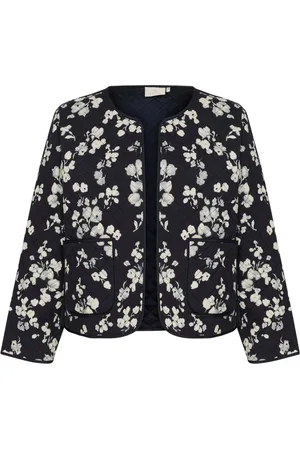 Kaffe Jassen, Dames, Zwart, XS, Katoen, Gewatteerde Jas Marine Flower Stijl