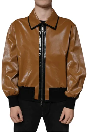 Dolce & Gabbana Jassen, Heren, Bruin, M, Bruin Leren Bomberjack met Logo