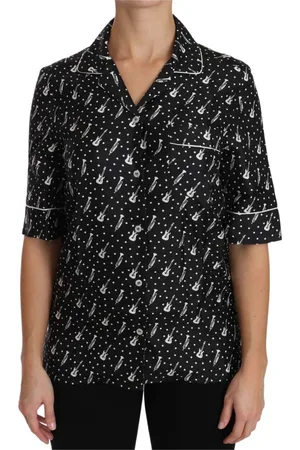 Dolce & Gabbana Blouses & Shirts, Dames, Zwart, XS, Zijden Gitaar Trompet Print Polo Top