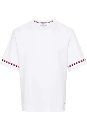 Thom Browne Tops, Heren, Wit, L, Katoen, Gestreept katoenen T-shirt met logo