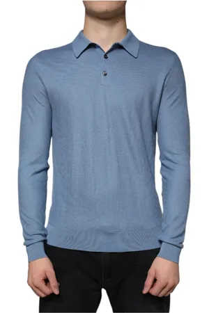Dolce & Gabbana Truien, Heren, Blauw, M, Hemelsblauwe Zijden Kraag Pullover Sweater