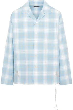 MASTERMIND Overhemden, Heren, Blauw, M, Katoen, Blauw Geruite Overhemd met Open Kraag