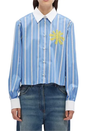 Msgm Blouses & Shirts, Dames, Blauw, XS, Katoen, Blauw Gestreept Poplin Overhemd met Gele Zon Decoratie