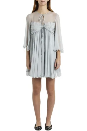 Chloé Kleedjes, Dames, Grijs, M, Chiffon, Zijden Mini Jurk met Geplooide Randen