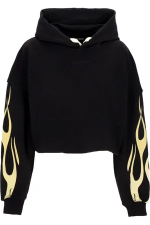 Vision Of Super Sweatshirts & Hoodies, Dames, Zwart, L, Katoen, Flames Crop Hoodie Zwart/off White