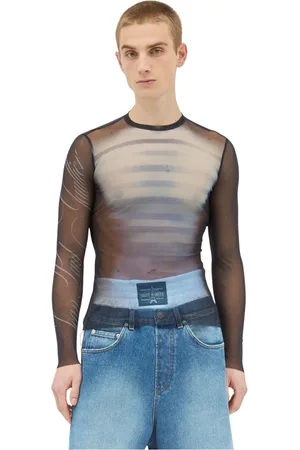 Jean Paul Gaultier Tops, Heren, Blauw, M, Grafische Print Mesh Crewneck Top