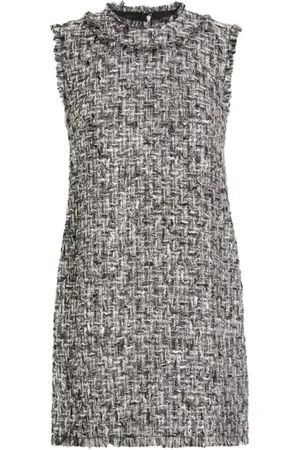 Dolce & Gabbana Kleedjes, Dames, Zwart, XL, Tweed, Tweed Minijurk Franje Rand Mouwloos