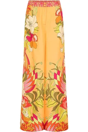 Camilla Broeken, Dames, Oranje, S, Oranje Bloemen Zijden Wijde Pijp Broek