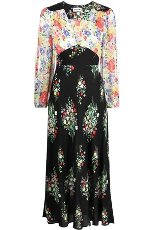RIXO London Kleedjes, Dames, Veelkleurig, S, Leer, Bloemenprint V-hals Wijdvallende Jurk