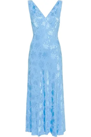 RIXO London Kleedjes, Dames, Blauw, XL, Blauwe V-hals Mouwloze Jacquard Jurk