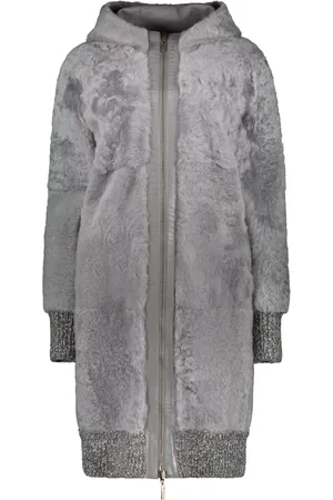 LORENA ANTONIAZZI Mantels, Dames, Grijs, S, Wol, Shearling overcoat met gebreide inzetstukken