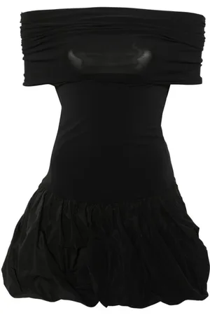Anna October Kleedjes, Dames, Zwart, M, Zwarte Off-Shoulder Jurk met Gerimpeld Bovenlijf