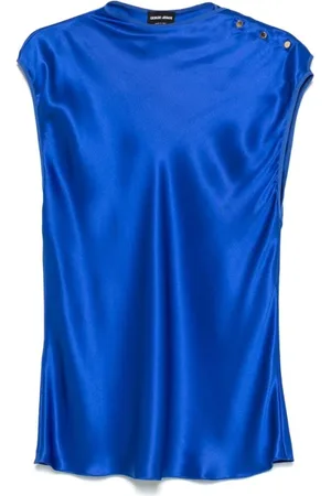 Giorgio Armani Tops, Dames, Blauw, S, Blauwe Mouwloze Shirt met Drukknopen