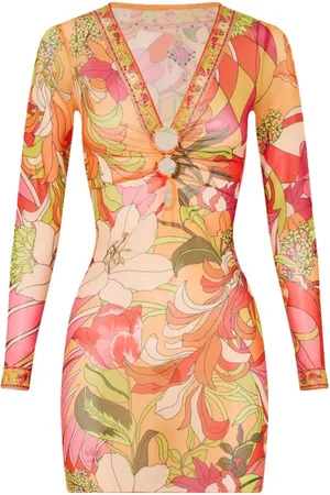 Camilla Kleedjes, Dames, Veelkleurig, L, Retro Bloemen V-Hals Mini Jurk