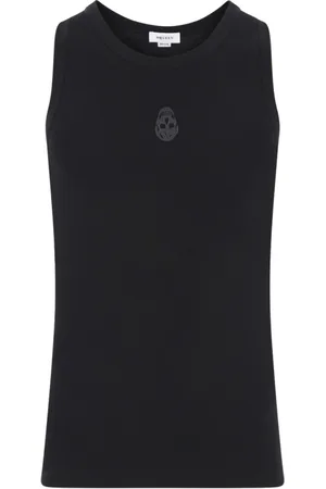 Alexander McQueen Tops, Heren, Zwart, S, Katoen, Zwarte Geribbelde Katoenen Tanktop met Omgekeerd Skull Borduurwerk
