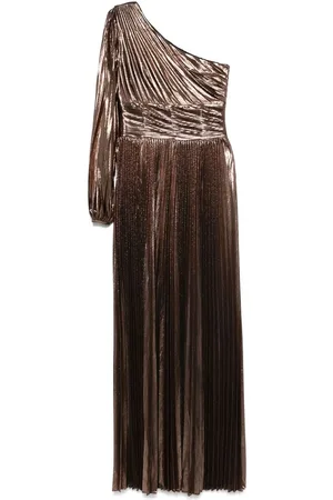 Retrofete Kleedjes, Dames, Bruin, M, Gouden Bruine Geplooide Jurk met Zijsplit