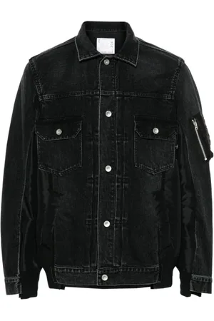 SACAI Jassen, Heren, Zwart, L, Denim, Zwarte Denim Patchwork Jas