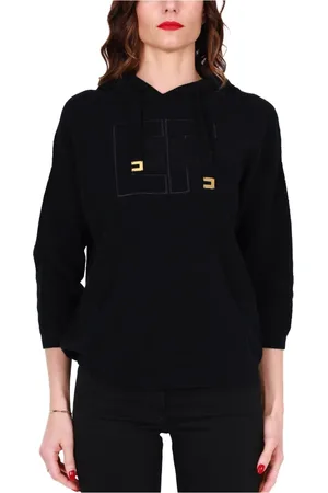 Elisabetta Franchi Sweatshirts & Hoodies, Dames, Zwart, L, Katoen, Zwarte Hoodie met Bouclé Effect