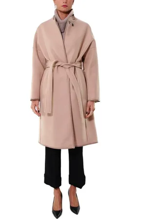 Pinko Mantels, Dames, Roze, S, Wol, Oversized wollen jas met details van imitatieleer