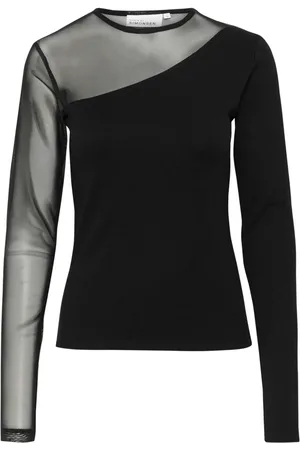 Karen by Simonsen Tops, Dames, Zwart, XS, Katoen, One-Shoulder Mesh Top Meteorite