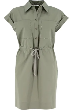 PESERICO SIGN Kleedjes, Dames, Groen, L, Katoen, Katoenen Kimono Mouw Jurk met Zakken