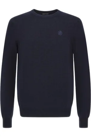 Roberto Cavalli Truien, Heren, Blauw, L, Wol, Monogram Mirror Snake Wollen Trui