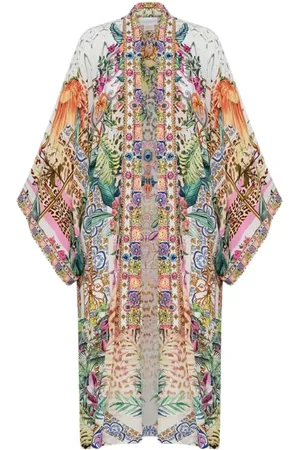 Camilla Kleedjes, Dames, Veelkleurig, L, Neptunus Bloemen Kimono Laag met Kraag