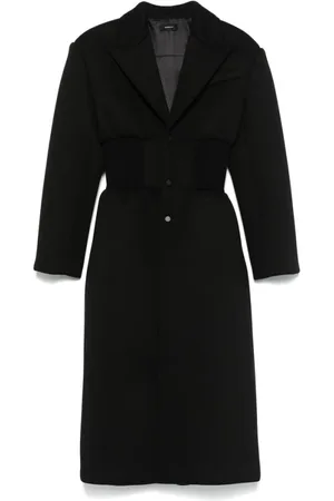WARDROBE.NYC Mantels, Dames, Zwart, S, Zwarte Geknoopte Jas met Geribbelde Tailleband