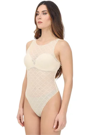 Elisabetta Franchi Tops, Dames, , L, Tule, Gele Jacquard Mouwloze Body met Ruitmotief