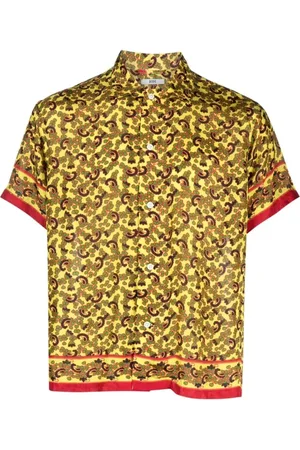 BODE Overhemden, Heren, Geel, S/M, Gele Paisley Korte Mouw Overhemd