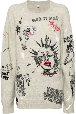 R13 Truien, Dames, Veelkleurig, S, Geborduurde Boyfriend Sweater met Haver Borduursel